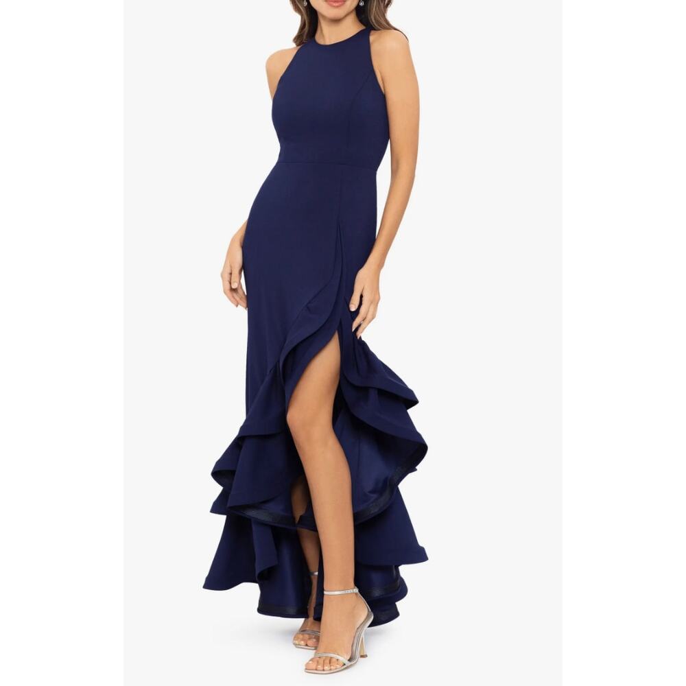 Betsy & Adam Navy Ruffle Maxi Dress